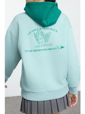 FRM Kadın Moda Şık Bol Kapüşonlu Düşük Kol Uzun Sırt Baskılı ve Geniş Kalıp Örme Sweatshirt