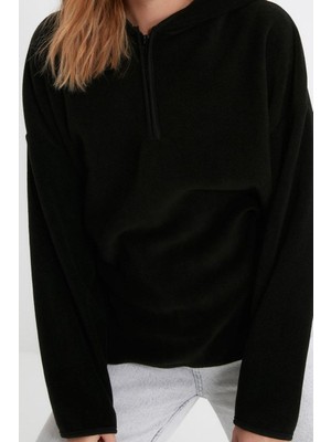 FRM Kadın Moda Şık Bol Kapüşonlu Düşük Kol Uzun Kalın Polar ve Fermuarlı Geniş Kalıp Örme Sweatshirt