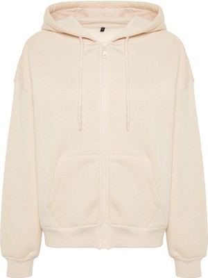 FRM Kadın Oversize Kapüşonlu Düşük Kol Uzun Rahat Kesim Basic Fermuarlı Kalın Polarlı Örme Sweatshirt