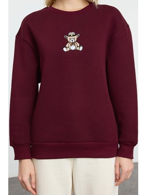 FRM Kadın Moda Şık Relaxed Bisiklet Yaka Düşük Kol Regular Rahat Kalıp Nakışlı Kalın Örme Sweatshirt