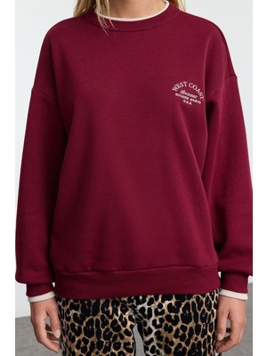 FRM Kadın Moda Bol Bisiklet Yaka Düşük Kol Uzun Slogan Nakışlı Kalıp Kalın Içi Polarlı Örme Sweatshirt