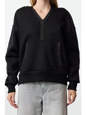 FRM Kadın Moda Şık Regular V Yaka Düşük Kol Regular Aksesuar Detaylı Rahat Kalıp Örme Sweatshirt