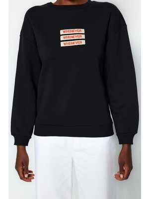 FRM Kadın Bisiklet Yaka Düşük Kol Kalın Içi Polarlı Slogan Nakışlı Rahat Kalıp Örme Sweatshirt