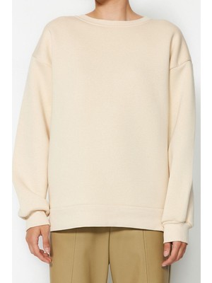 FRM Kadın Moda Oversize Bisiklet Yaka Düşük Kol Uzun Rahat Kesim Basic Kalın Içi Polarlı Örme Sweatshirt