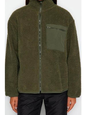 FRM Kadın Moda Oversize Dik Yaka Standart Kol Uzun Kalın Polar Fermuarlı Uzun Kol Cepli Örme Sweatshirt