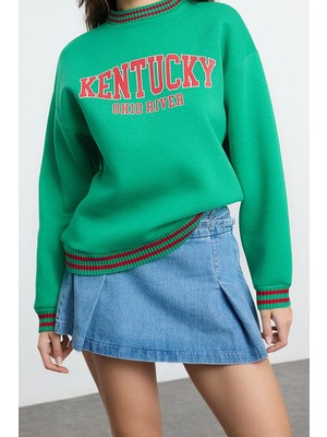 FRM Kadın Moda Bol Dik Yaka Düşük Kol Uzun Slogan Baskılı Geniş Kalıp Kalın Içi Polarlı Örme Sweatshirt