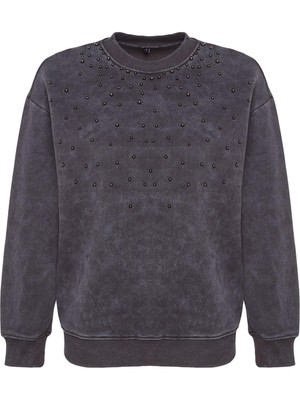 FRM Kadın Regular Bisiklet Yaka Düşük Kol Regular Eskitme Kalın Içi Polarlı Inci Detaylı Örme Sweatshirt