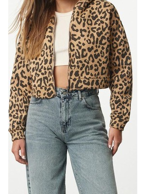 FRM Kadın Moda Şık Crop Fermuarlı Yaka Düşük Kol Crop Animal Leopar Desenli Crop Örme Sweatshirt