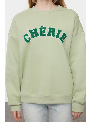 FRM Kadın Oversize Bisiklet Yaka Düşük Kol Uzun Kalın Polarlı Slogan Nakışlı Rahat Kesim Örme Sweatshirt