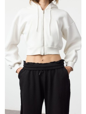 FRM Kadın Moda Şık Regular Kapüşonlu Düşük Kol Crop Normal Kalıp Kalın Içi Polarlı Örme Sweatshirt