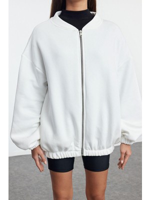 FRM Kadın Oversize Bisiklet Yaka Düşük Kol Uzun Fermuarlı Geniş Kalıp Kalın Içi Polarlı Örme Sweatshirt