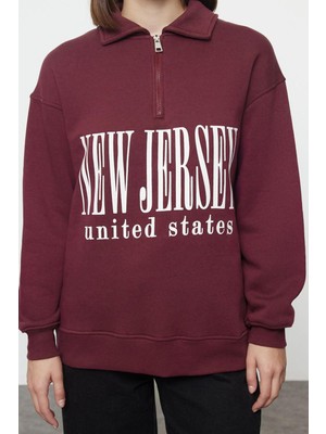 FRM Kadın Oversize Fermuarlı Yaka Uzun Kalıp Kalın Polarlı Slogan Baskılı Fermuarlı Örme Sweatshirt