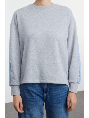 FRM Kadın Moda Şık Relaxed Bisiklet Yaka Düşük Kol Regular Poplin Detaylı Rahat Kalıp Örme Sweatshirt