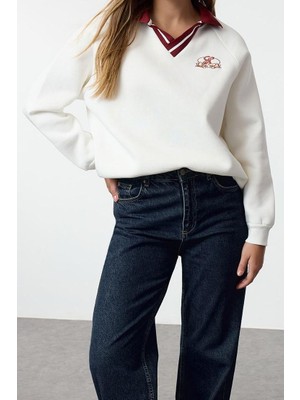 FRM Kadın Moda Şık Bol Polo Yaka Düşük Kol Uzun Nakışlı Gneiş Kalıp Kalın Içi Polarlı Örme Sweatshirt