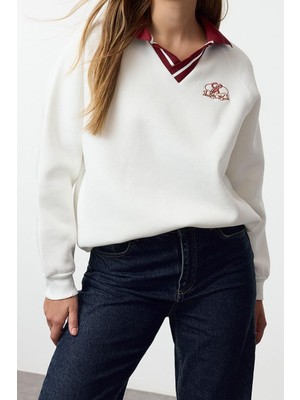 FRM Kadın Moda Şık Bol Polo Yaka Düşük Kol Uzun Nakışlı Gneiş Kalıp Kalın Içi Polarlı Örme Sweatshirt