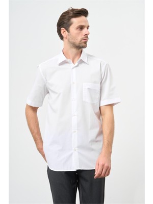 İmza Beyaz Kısa Kol Düz Bez Ayağı Sert Yaka Cepli Pamuklu Classic Comfort Fit Gömlek 1004240925