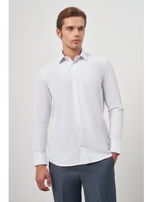 Beyaz Uzun Kol Kendinden Armürlü Cepli Pamuklu Classic Comfort Fit Gömlek 1004245155