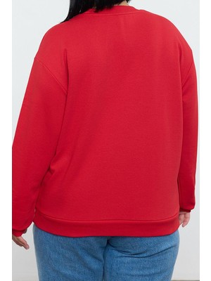 Ersefa Büyük Beden Regular Bisiklet Yaka Standart Kol Uzun Baskı Detaylı Normal Fit Örme Sweatshirt