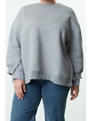 Ersefa Büyük Beden Oversize Bisiklet Yaka Düşük Kol Gri Alttan Gömlek Çıkmalı Polar Örme Sweatshirt