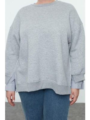 Ersefa Büyük Beden Oversize Bisiklet Yaka Düşük Kol Gri Alttan Gömlek Çıkmalı Polar Örme Sweatshirt