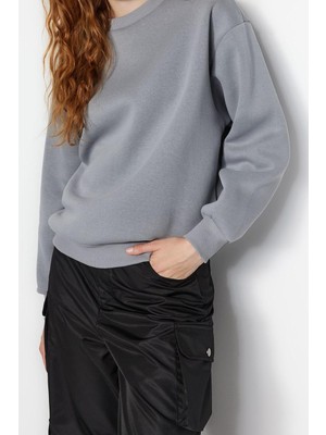 Ersefa Regular Bisiklet Yaka Düşük Kol Regular Kalın Içi Polarlı Normal Kalıp Basic Örme Sweatshirt