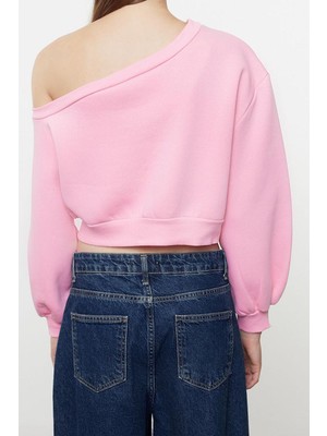 Ersefa Asimetrik Yaka Balon Kol Crop Kalıp Kalın Içi Polarlı Crop Asimetrik Yaka Örme Sweatshirt