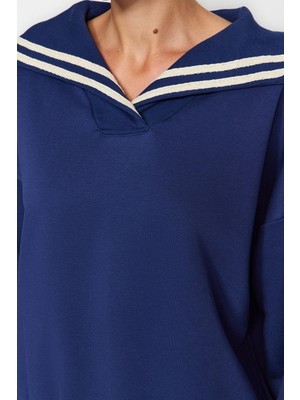 Ersefa Regular Polo Yaka Standart Kol Regular Geniş Kalıp Triko Yaka Detaylı Diagonel Örme Sweatshirt