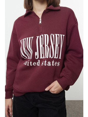 Ersefa Oversize Fermuarlı Yaka Uzun Kalıp Kalın Polarlı Slogan Baskılı Fermuarlı Örme Sweatshirt