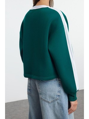 Ersefa Tarz Oversize V Yaka Düşük Kol Crop Geniş Kalıp Crop Kalın Örme Sweatshirt