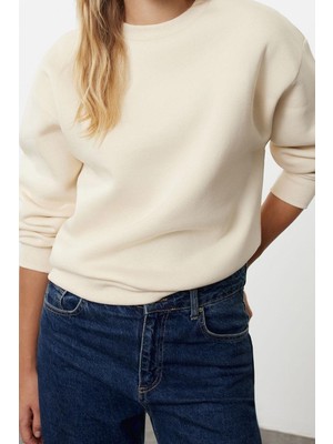 Ersefa Regular Bisiklet Yaka Düşük Kol Regular Kalın Içi Polarlı Normal Kalıp Basic Örme Sweatshirt