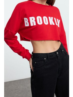 Ersefa Bisiklet Yaka Düşük Kol Super Crop Aplike Nakışlı Super Crop Kalın Örme Sweatshirt