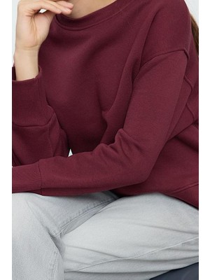 Ersefa Regular Bisiklet Yaka Düşük Kol Regular Kalın Içi Polarlı Normal Kalıp Basic Örme Sweatshirt