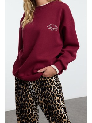 Ersefa Tarz Bol Bisiklet Yaka Düşük Kol Uzun Slogan Nakışlı Kalıp Kalın Içi Polarlı Örme Sweatshirt