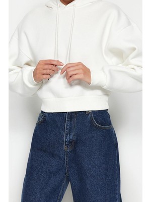 Ersefa Tarz Relaxed Kapüşonlu Düşük Kol Crop Kalın Içi Polarlı Rahat Kesim Crop Basic Örme Sweatshirt