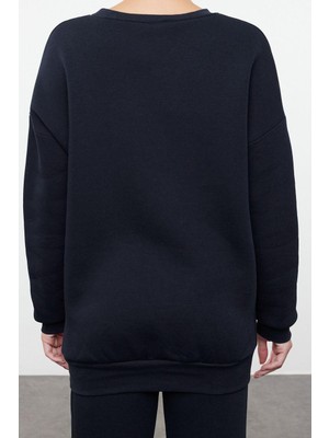 Ersefa Tarz Bol Bisiklet Yaka Standart Kol Uzun Kalın Içi Polarlı Örme Sweatshirt