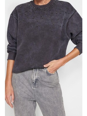 Ersefa Regular Bisiklet Yaka Düşük Kol Regular Eskitme Kalın Içi Polarlı Inci Detaylı Örme Sweatshirt