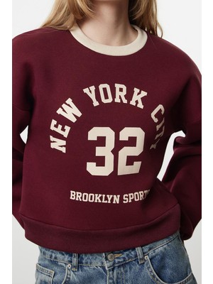 Ersefa Oversize Bisiklet Yaka Düşük Kol Crop Slogan Geniş Kalıp Kalın Içi Polarlı Örme Sweatshirt