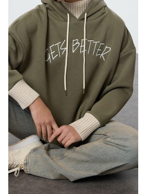 Ersefa Tarz Relaxed Kapüşonlu Düşük Kol Uzun Kalın Içi Polarlı Triko Bant Detaylı Örme Sweatshirt