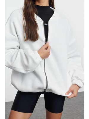 Ersefa Oversize Bisiklet Yaka Düşük Kol Uzun Fermuarlı Geniş Kalıp Kalın Içi Polarlı Örme Sweatshirt