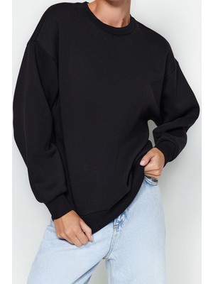 Ersefa Regular Bisiklet Yaka Düşük Kol Regular Kalın Içi Polarlı Normal Kalıp Basic Örme Sweatshirt