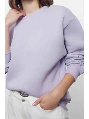Ersefa Regular Bisiklet Yaka Düşük Kol Regular Kalın Içi Polarlı Normal Kalıp Basic Örme Sweatshirt