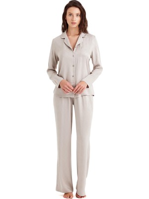 %100 Viskoz Jakarlı Saten Uzun Kol Önden Düğmeli Bej Pijama Takım C8T8N4O06