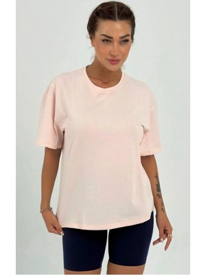 Kadın Pudra Baskısız Basıc Pamuklu Oversize T-Shirt