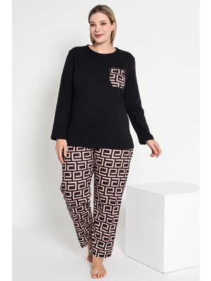 Kadın Uzun Kollu Siyah Renkli Labirent Desenli Pijama Takımı B-42