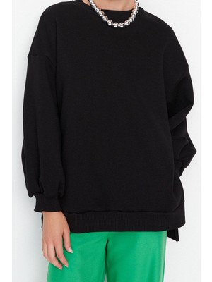 Ersefa Oversize Bisiklet Yaka Düşük Kol Uzun Geniş Kalıp Yırtmaç Kalın Içi Polarlı Örme Sweatshirt