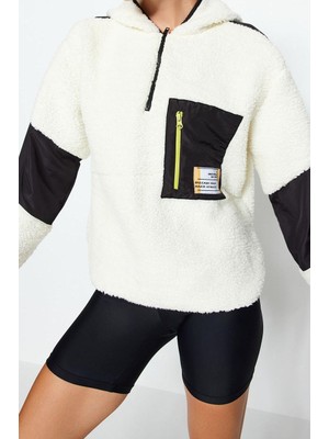 Ersefa Oversize Fermuarlı Yaka Düşük Kol Paraşüt Kumaş Detaylı Peluş Geniş Kalıp Örme Spor Sweatshirt