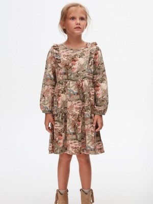 NK Kız Çocuk Pamuklu Çiçek Desenli Fırfırlı Elbise