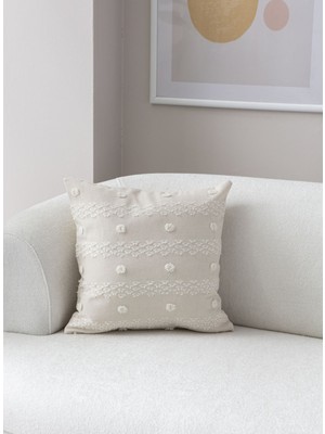 Dekomall Puantiye Detay Bohem Punch Dokuma Kırlent Kılıfı Krem