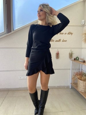 Defy Moda Kadın Uzun Kollu Bisiklet Yaka Önden Volanlı Ithal Krep Elbise