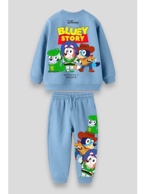 Magu Unisex Çocuk Mavi Bluey Toy Stoyry Desenli Kışlık 3 Iplik Pamuklu Sweatshirt Eşofman Alt-Üst Takım